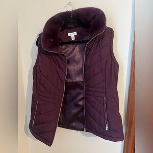 Calvin Klein Women's Deep Purple Quilted Vest with Faux Fur Trim